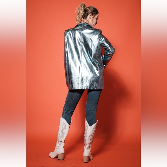 18 Metallic Faux Leather Chic  Open Blazer Jacket - Picture 5 of 6